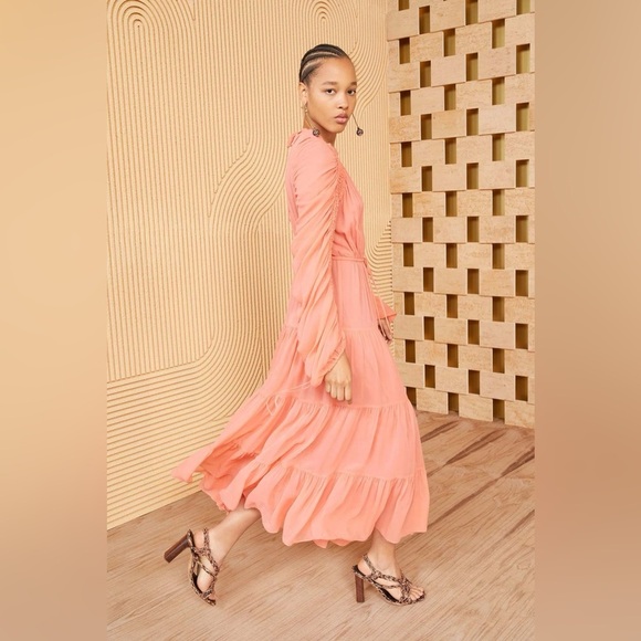 Ulla Johnson Noelle Dahlia Coral Silk Long Sleeve Wedding Guest Midi Dress Sz 2 - Picture 4 of 17